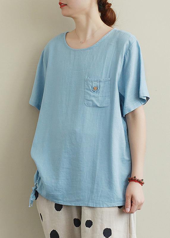 Elegant blue linen box top Fashion Ideas o neck drawstring summer top - SooLinen