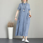 Elegant blue natural linen dress plus size side tie waist linen clothing dress Elegant lapel collar linen caftans