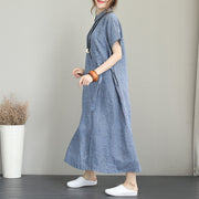 Elegant blue natural linen dress plus size side tie waist linen clothing dress Elegant lapel collar linen caftans