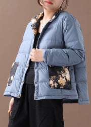 Elegant blue patchwork print warm winter coat plus size winter stand collar pockets overcoat - SooLinen