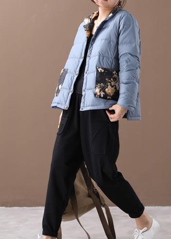 Elegant blue patchwork print warm winter coat plus size winter stand collar pockets overcoat - SooLinen