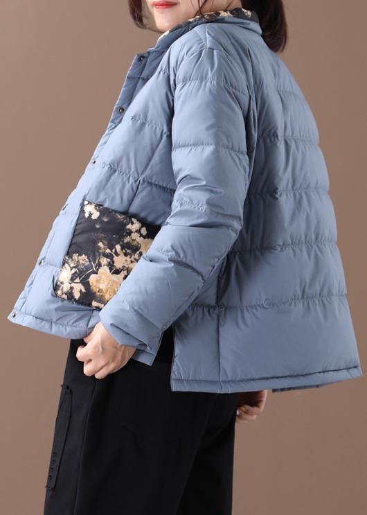 Elegant blue patchwork print warm winter coat plus size winter stand collar pockets overcoat - SooLinen