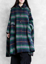 Elegant blue plaid wool overcoat plus size clothing Peter pan Collar large hem Coats - SooLinen