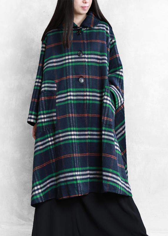 Elegant blue plaid wool overcoat plus size clothing Peter pan Collar large hem Coats - SooLinen