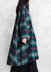 Elegant blue plaid wool overcoat plus size clothing Peter pan Collar large hem Coats - SooLinen