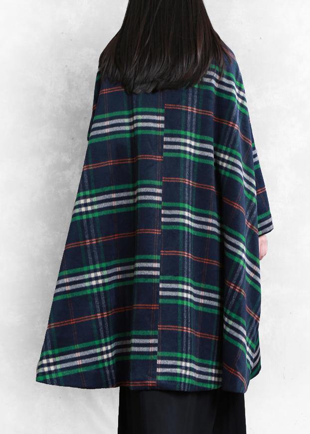 Elegant blue plaid wool overcoat plus size clothing Peter pan Collar large hem Coats - SooLinen