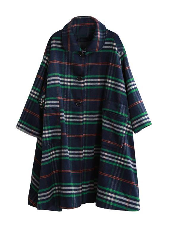 Elegant blue plaid wool overcoat plus size clothing Peter pan Collar large hem Coats - SooLinen