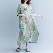 Elegant blue print linen dresses plus size clothing v neck a line skirts caftans 2018 short sleeve dresses