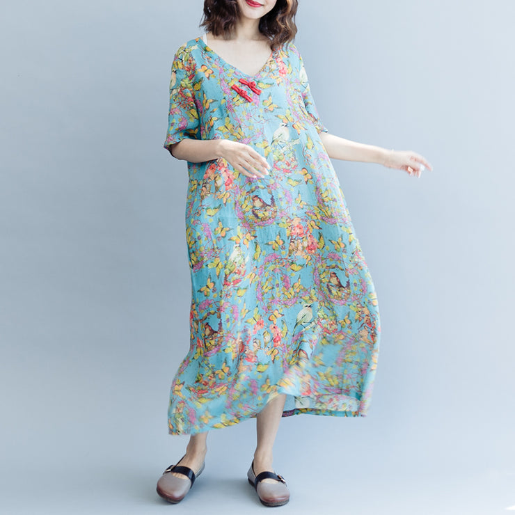 Elegant blue print linen dresses plus size clothing v neck a line skirts caftans 2018 short sleeve dresses