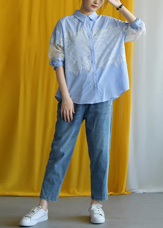 Elegant blue striped cotton Blouse lace patchwork silhouette fall shirt - SooLinen