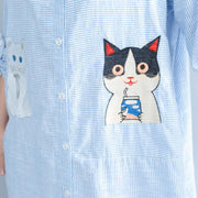 Elegant blue striped cotton knee dress Loose fitting traveling dress fine patchwork cats prints shirt dress