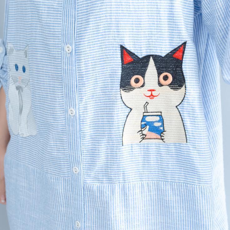 Elegant blue striped cotton knee dress Loose fitting traveling dress fine patchwork cats prints shirt dress