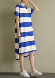 Elegant blue white striped Cotton dress o neck low high design baggy summer Dress - SooLinen