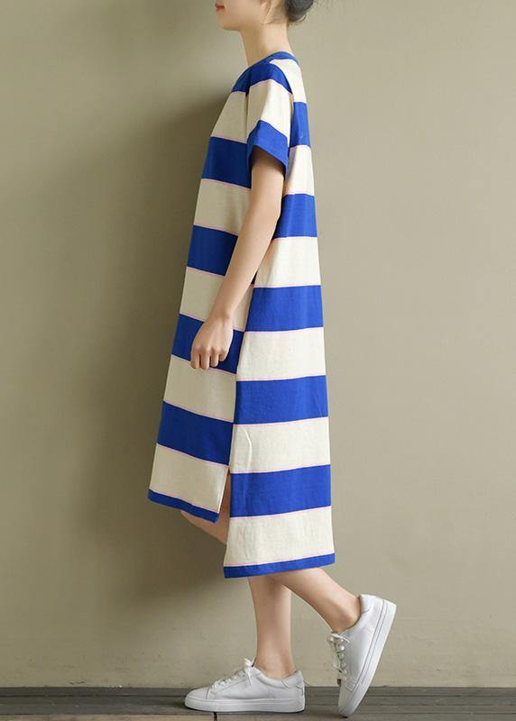 Elegant blue white striped Cotton dress o neck low high design baggy summer Dress - SooLinen