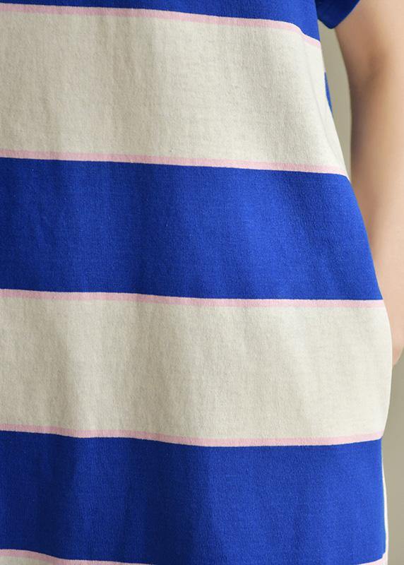 Elegant blue white striped Cotton dress o neck low high design baggy summer Dress - SooLinen