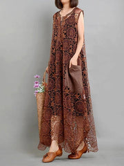 Elegant brown quilting dresses pockets asymmetric long summer Dresses - SooLinen