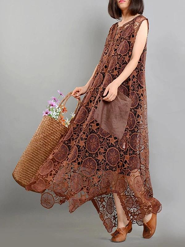 Elegant brown quilting dresses pockets asymmetric long summer Dresses - SooLinen