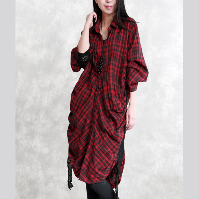 Elegant burgundy Plaid natural linen shirt dress plus size traveling dress long sleeve Cinched Elegant Turn-down Collar patchwork linen shirt dresses