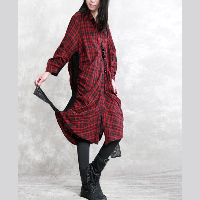 Elegant burgundy Plaid natural linen shirt dress plus size traveling dress long sleeve Cinched Elegant Turn-down Collar patchwork linen shirt dresses