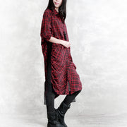 Elegant burgundy Plaid natural linen shirt dress plus size traveling dress long sleeve Cinched Elegant Turn-down Collar patchwork linen shirt dresses