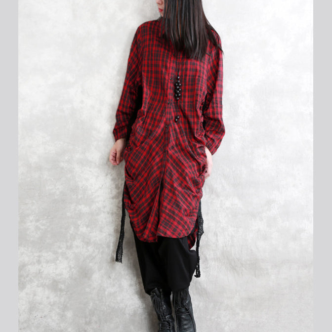 Elegant burgundy Plaid natural linen shirt dress plus size traveling dress long sleeve Cinched Elegant Turn-down Collar patchwork linen shirt dresses