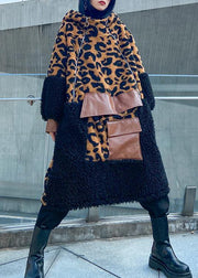 Elegant chocolate Leopard Woolen Coat Women winter coat hooded zippered coat - SooLinen