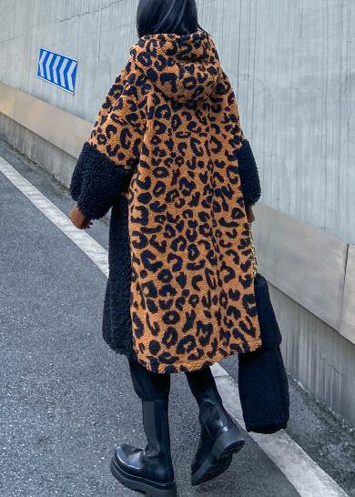 Elegant chocolate Leopard Woolen Coat Women winter coat hooded zippered coat - SooLinen