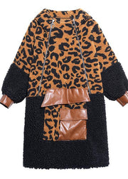 Elegant chocolate Leopard Woolen Coat Women winter coat hooded zippered coat - SooLinen