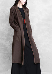 Elegant chocolate coat plus size long coat pockets - SooLinen