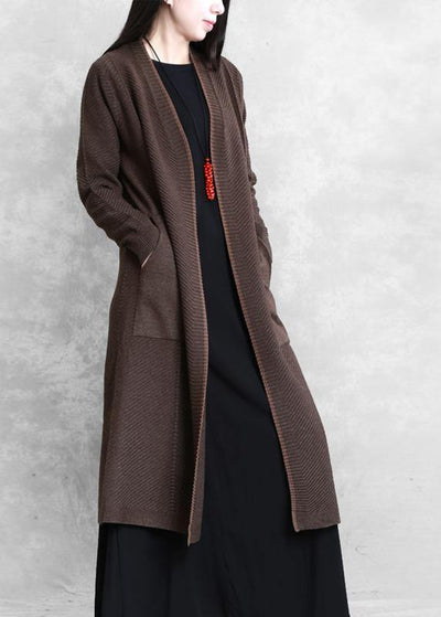 Elegant chocolate coat plus size long coat pockets - SooLinen