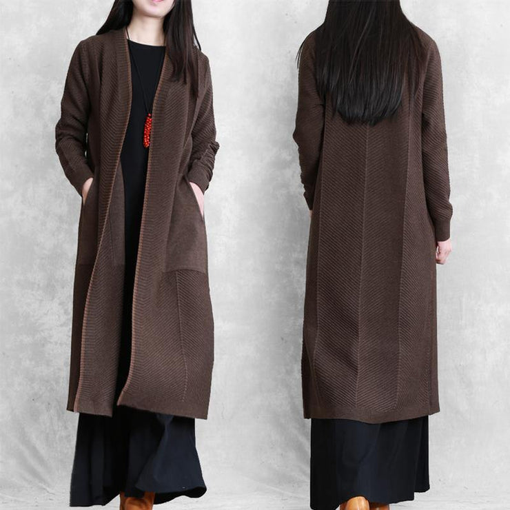 Elegant chocolate coat plus size long coat pockets - SooLinen