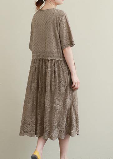 Elegant chocolate embroidery cotton Tunics patchwork hollow out Maxi Dress - SooLinen