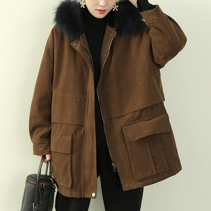 Elegant chocolate winter coats plus size clothing hooded faux fur collar outwear - SooLinen