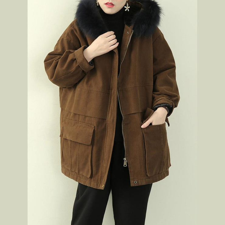 Elegant chocolate winter coats plus size clothing hooded faux fur collar outwear - SooLinen