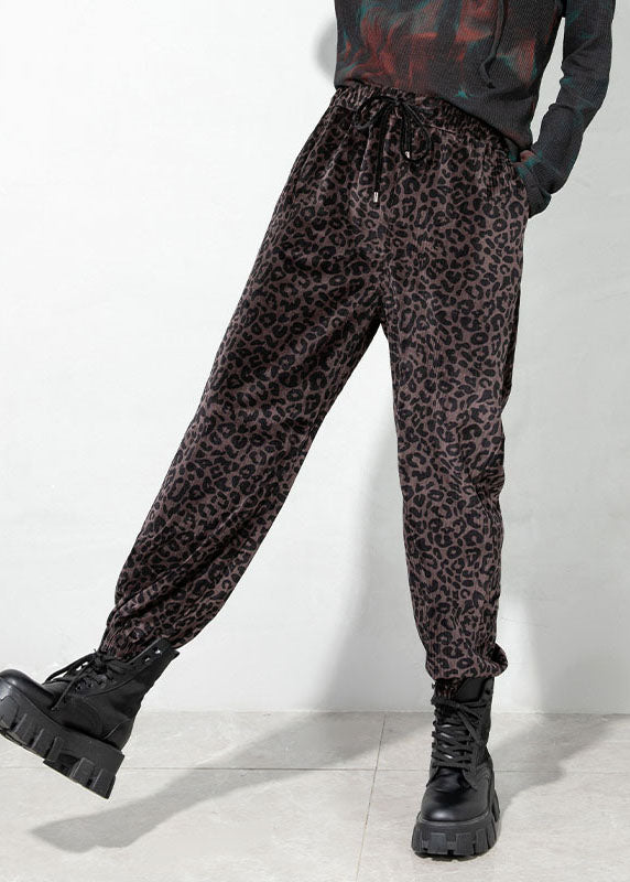 Elegant Chocolate drawstring Pockets Leopard Corduroy Pants Spring