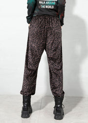 Elegant Chocolate drawstring Pockets Leopard Corduroy Pants Spring