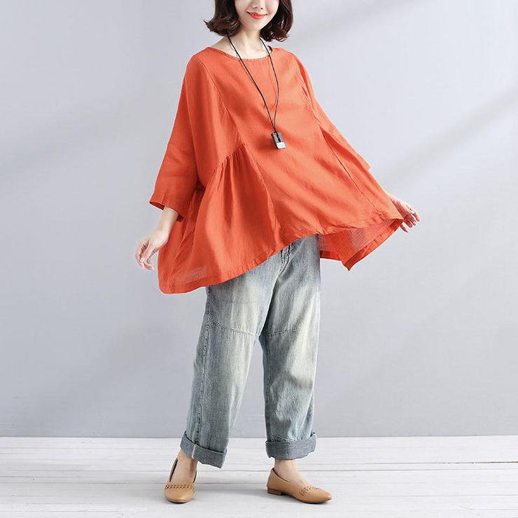 Elegant cotton linen blouse trendy plus size Loose Casual Simple Women Folded Orange Shirt