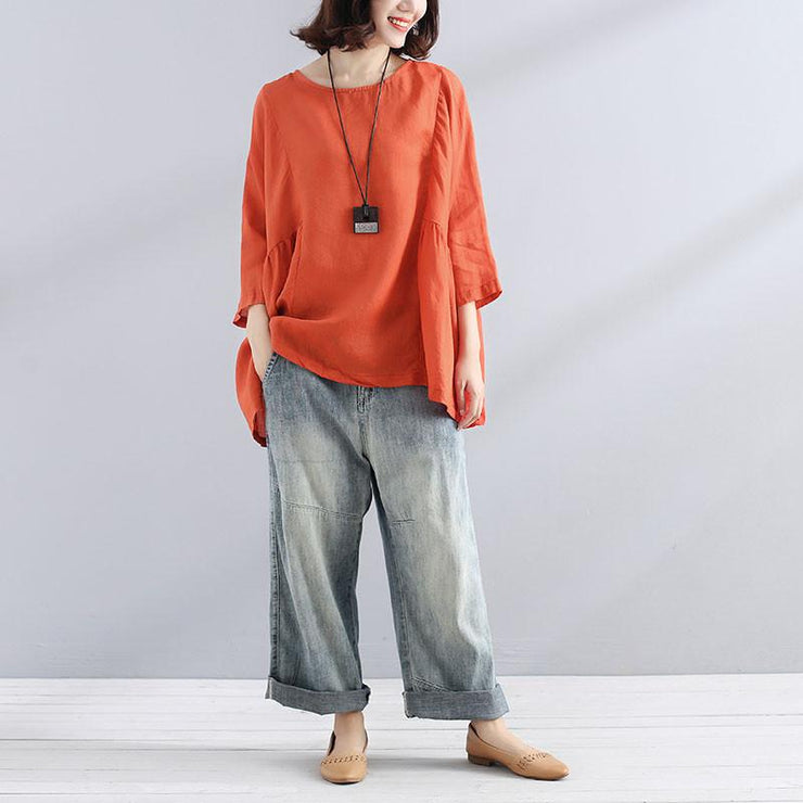 Elegant cotton linen blouse trendy plus size Loose Casual Simple Women Folded Orange Shirt