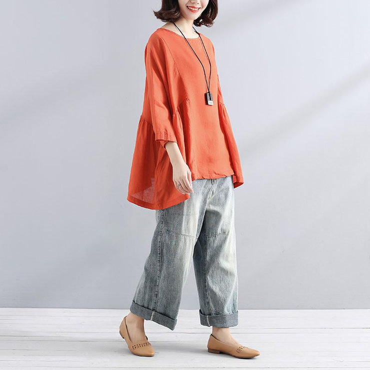 Elegant cotton linen blouse trendy plus size Loose Casual Simple Women Folded Orange Shirt