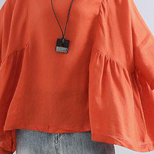 Elegant cotton linen blouse trendy plus size Loose Casual Simple Women Folded Orange Shirt