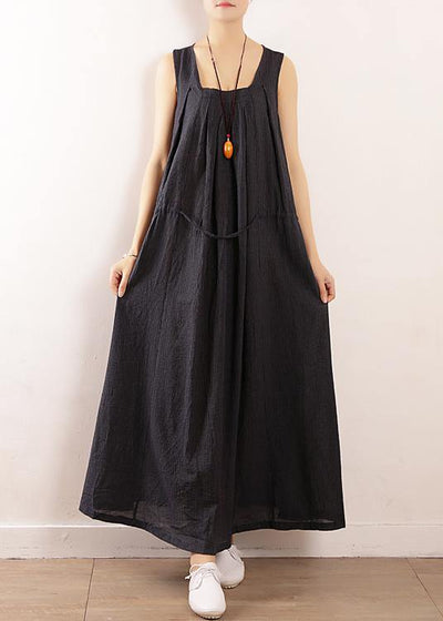 Elegant dark blue linen cotton Robes Fine Sewing Sleeveless drawstring Maxi Summer Dresses - SooLinen