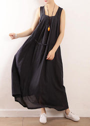 Elegant dark blue linen cotton Robes Fine Sewing Sleeveless drawstring Maxi Summer Dresses - SooLinen