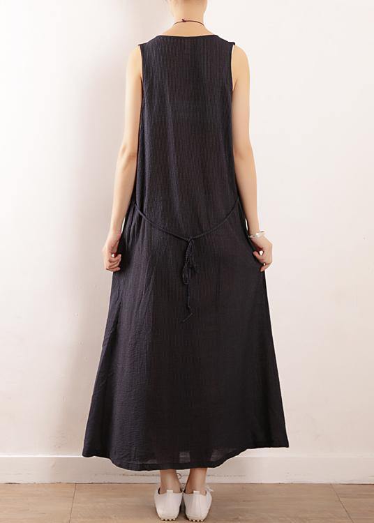 Elegant dark blue linen cotton Robes Fine Sewing Sleeveless drawstring Maxi Summer Dresses - SooLinen