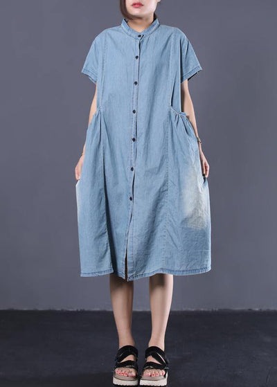 Elegant denim blue cotton clothes Women Cinched pockets long summer Dresses - SooLinen