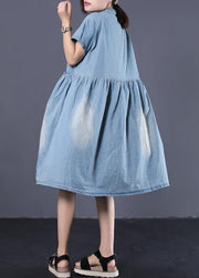 Elegant denim blue cotton clothes Women Cinched pockets long summer Dresses - SooLinen