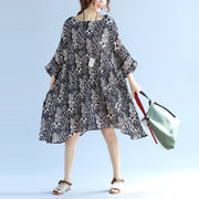 Elegant floral cotton linen knee dress oversized Batwing Sleeve large hem linen cotton dress casual O neck Cinched dresses