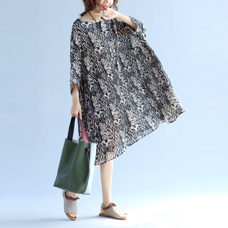 Elegant floral cotton linen knee dress oversized Batwing Sleeve large hem linen cotton dress casual O neck Cinched dresses