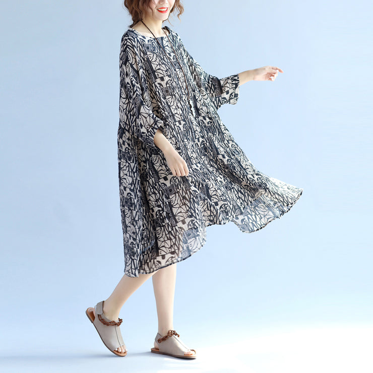 Elegant floral cotton linen knee dress oversized Batwing Sleeve large hem linen cotton dress casual O neck Cinched dresses