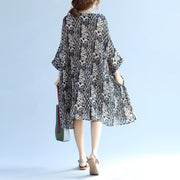 Elegant floral cotton linen knee dress oversized Batwing Sleeve large hem linen cotton dress casual O neck Cinched dresses