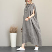 Elegant gray long linen dress plus size o neck traveling dress fine back open linen caftans